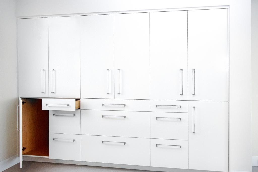 Boutique style primary closet with dark wood veneer, glass door wardrobe modules